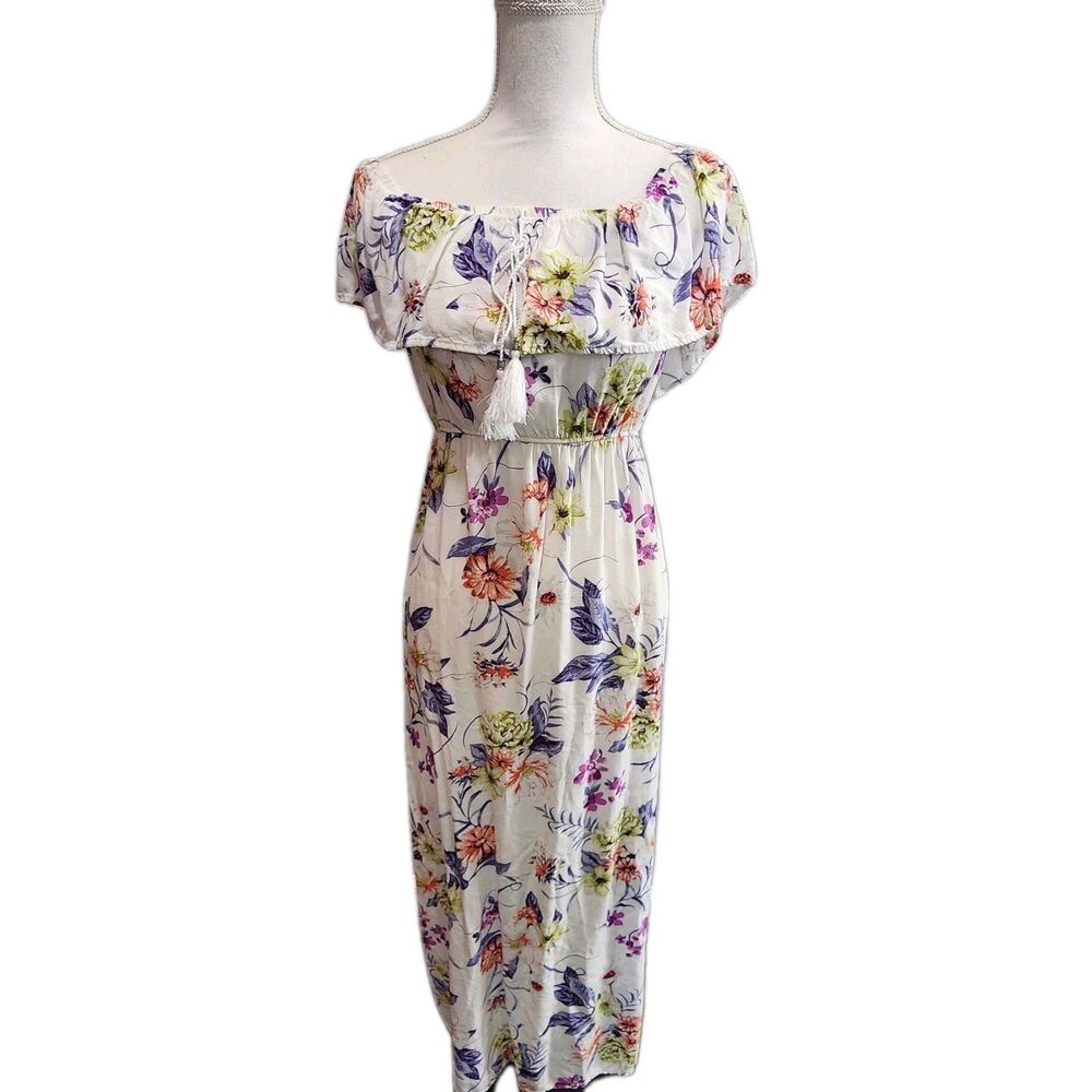 Iris Floral Print Off-The-Shoulder Tassel Tie-Front Side-Slit White Maxi Dress